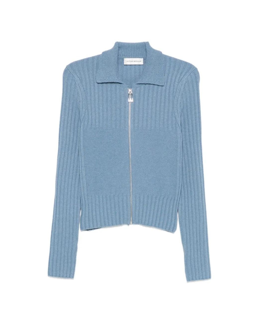 Victoria Beckham Blue Ribbed-Knit Zip-Up Cardigan
