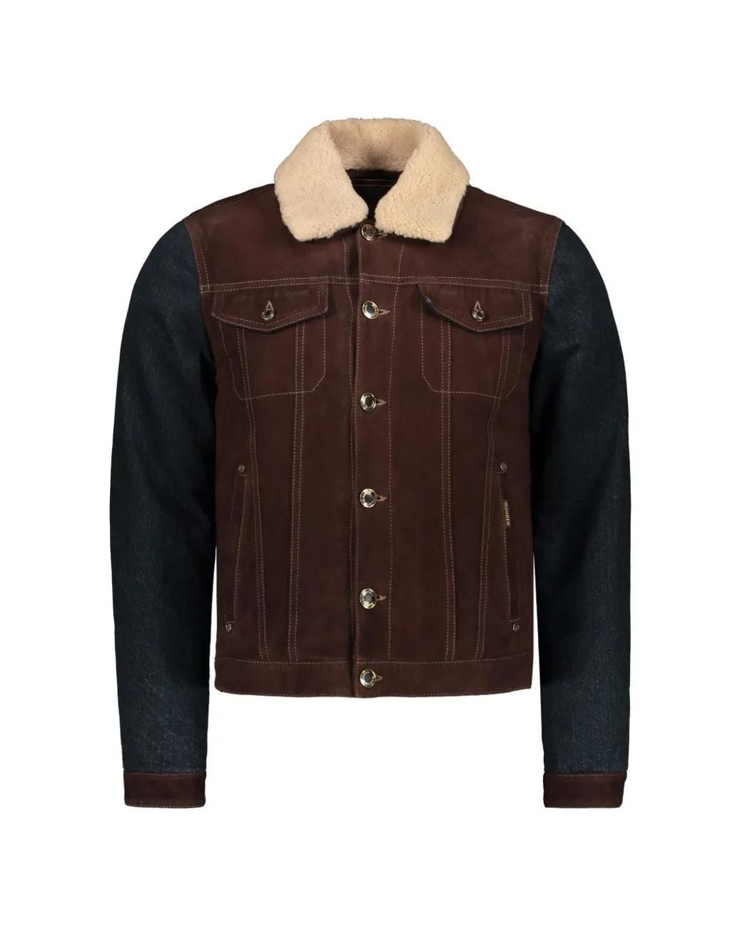 Moorer Brown Shearling-Collar Panelled Denim Jacket for men