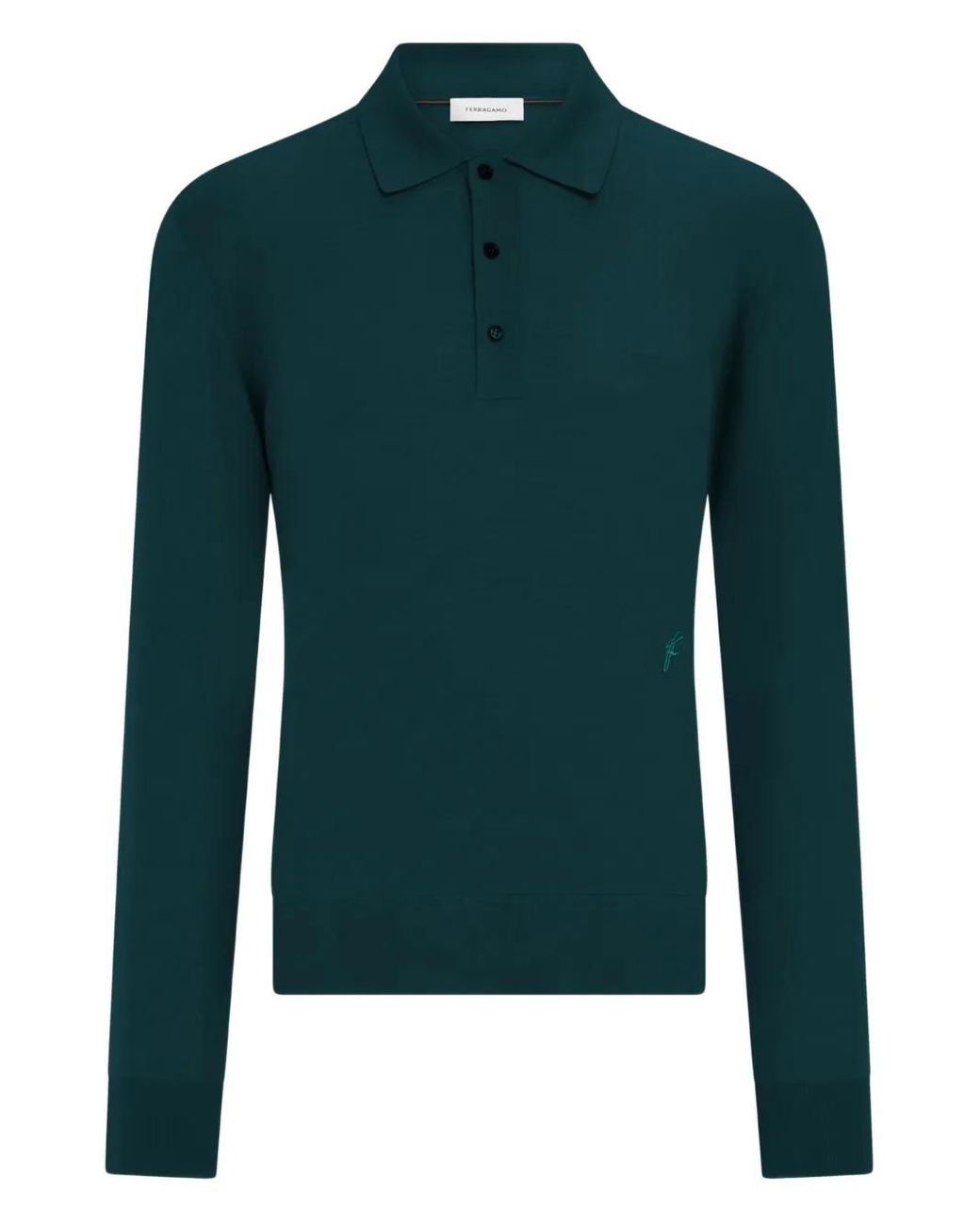 Ferragamo Green Long-Sleeved Wool Polo Shirt for men