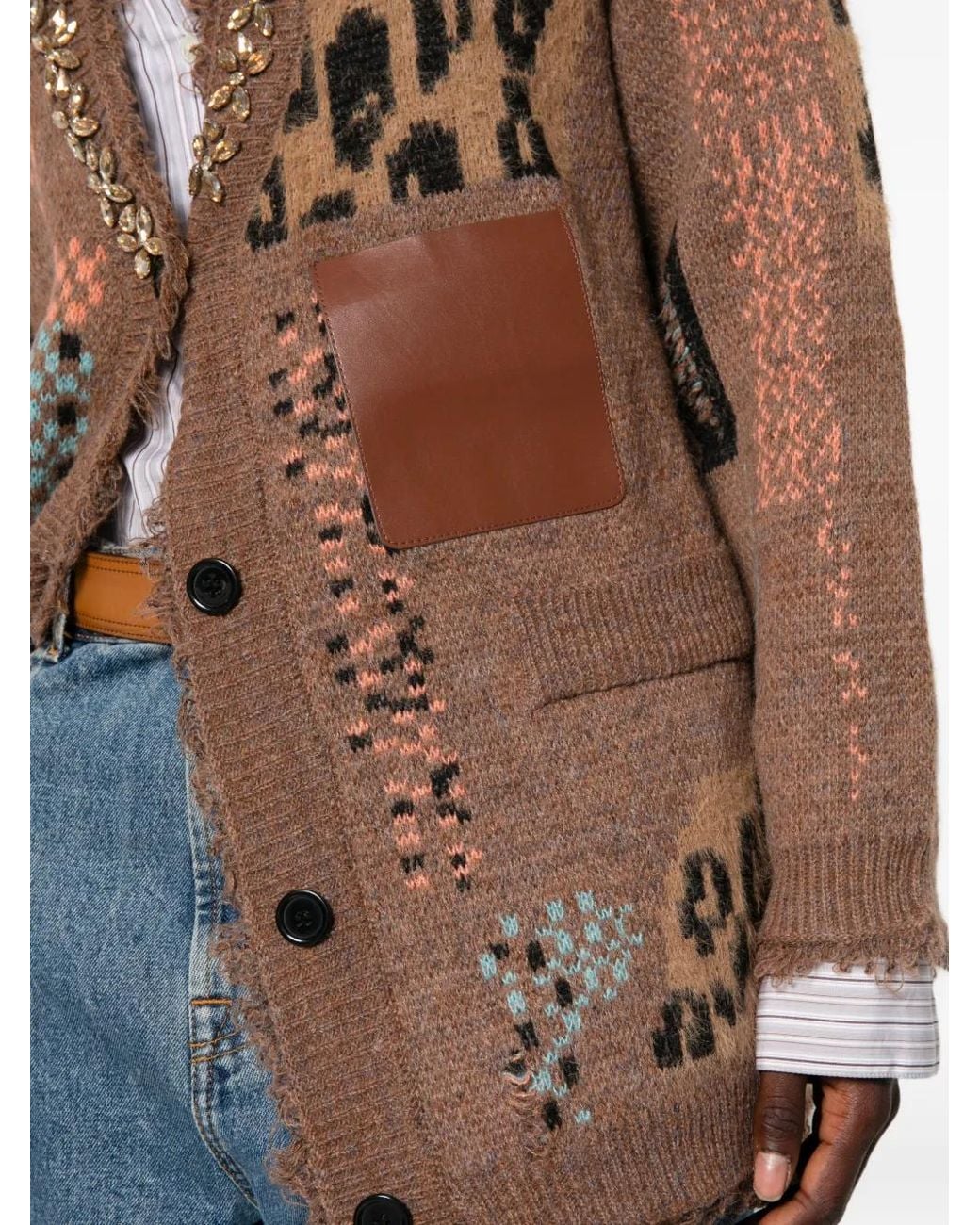 Paperlace Brown Crystal-Embellished Leopard-Pattern Cardigan