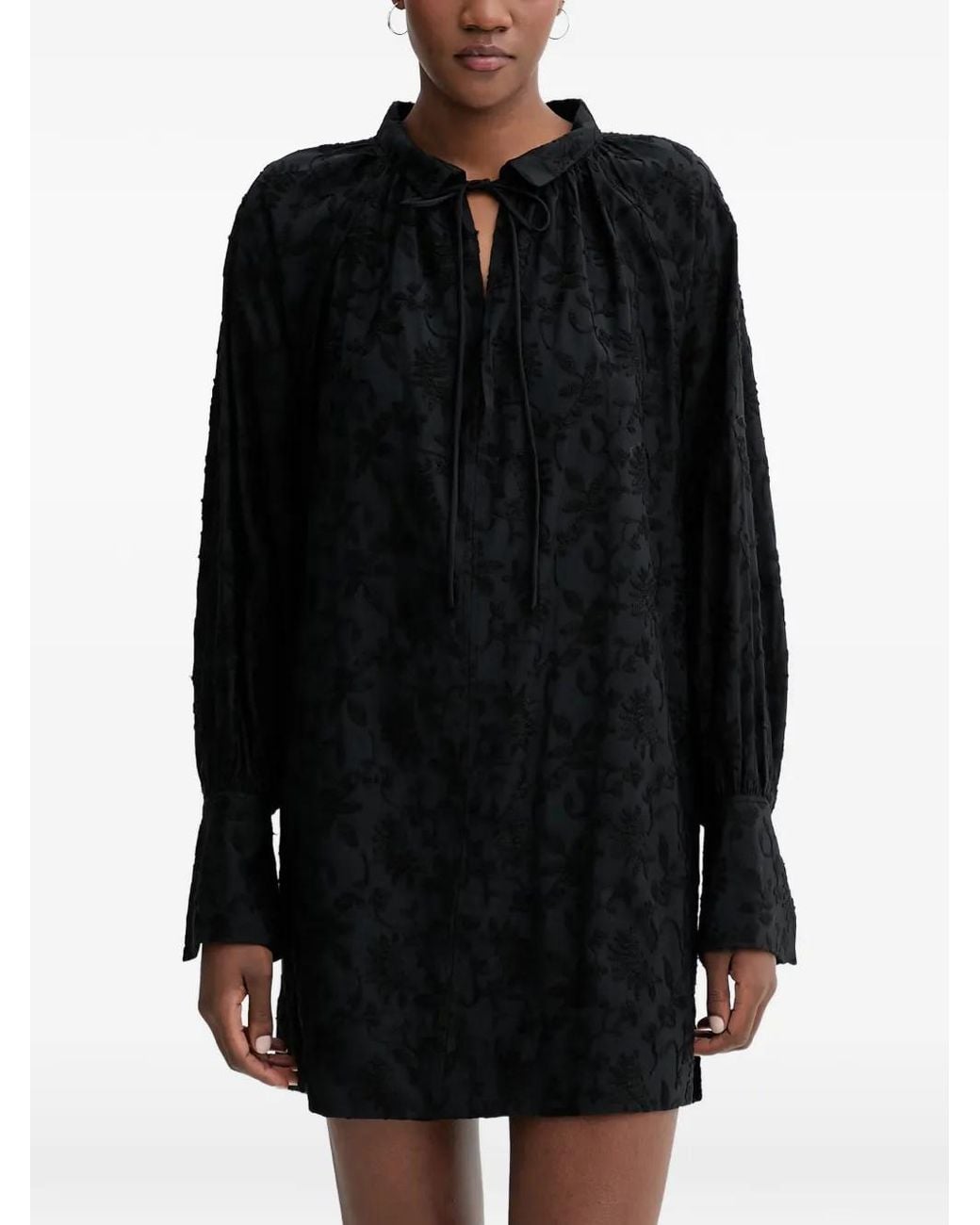 Munthe Black Betulli Floral-Embroidered Long-Sleeved Tie-Neck Mini Dress