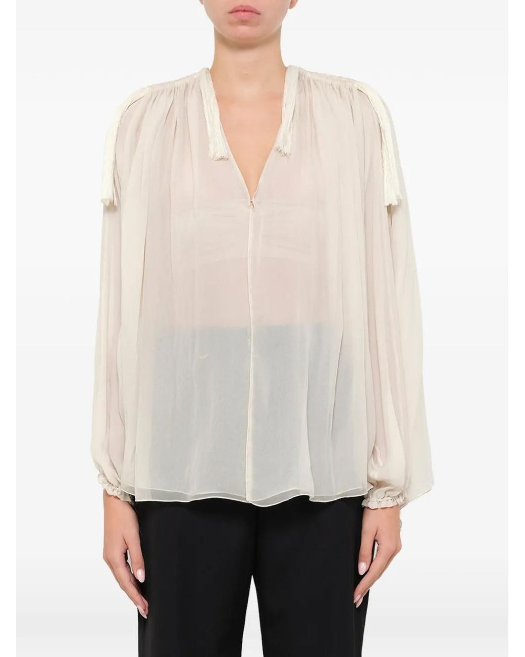 Lanvin White Sheer Tassel-Detail Blouse