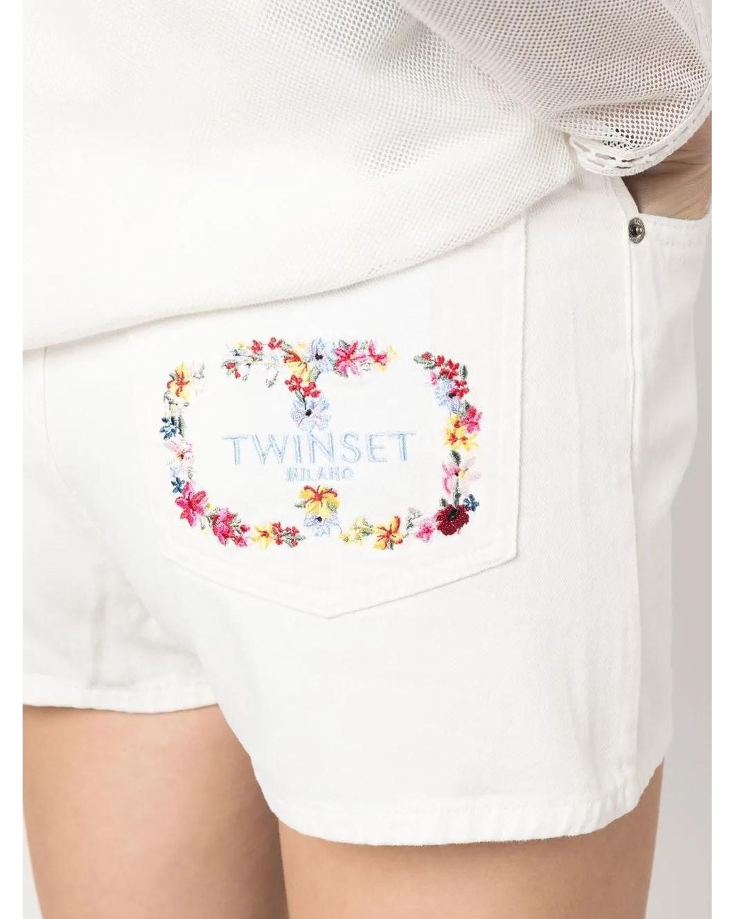 Twinset White Embroidered-Logo Denim Shorts