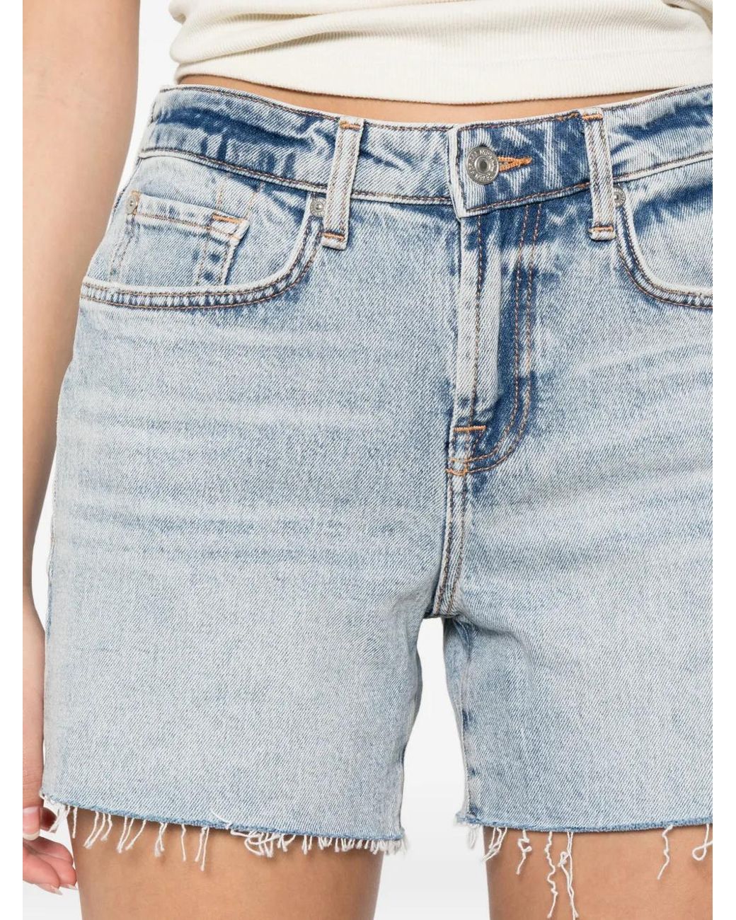 7 For All Mankind Blue Monroe Raw-Cut Denim Shorts