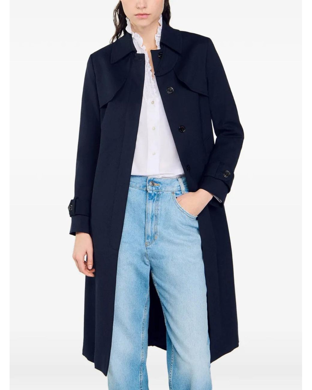 Sandro Blue Trench Coat With Pleated Inset