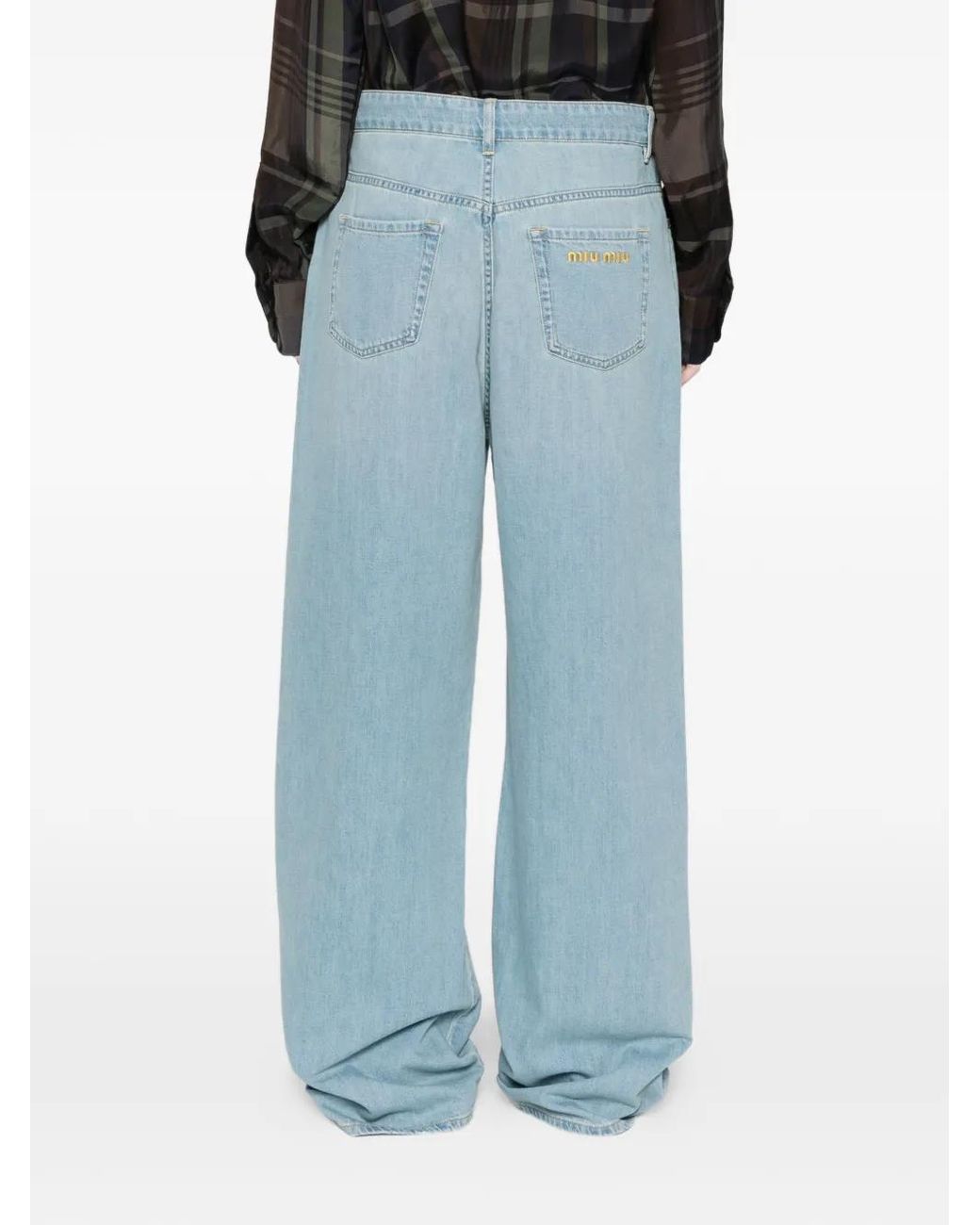 Miu Miu Blue Logo-Embroidered Wide-Leg Jeans