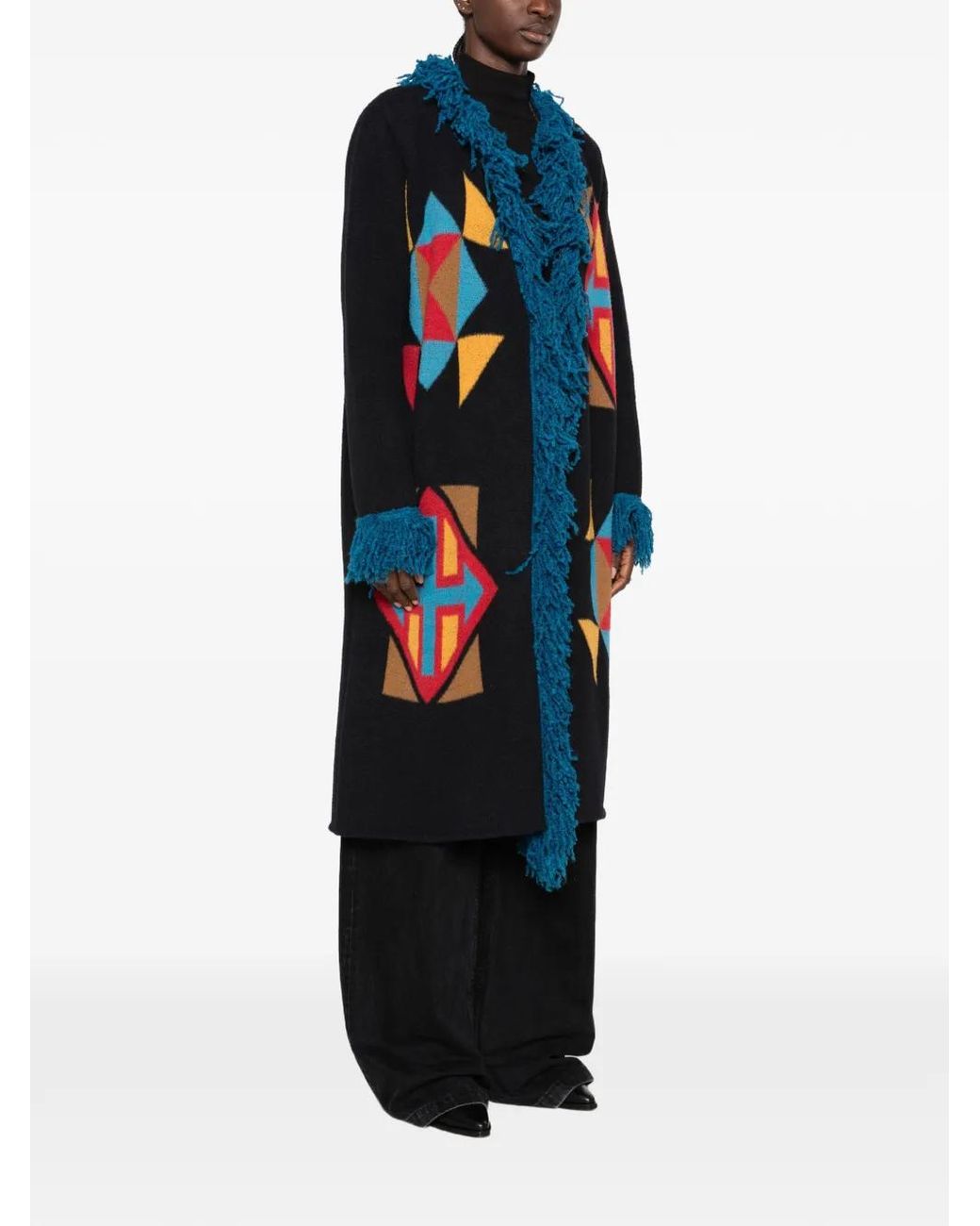 Akep Red Geometric-Pattern Fringed Coat