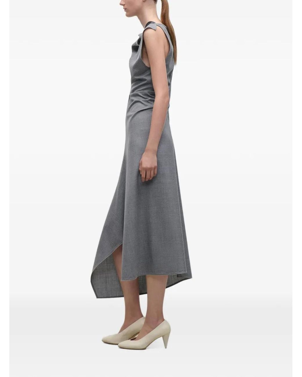 Victoria Beckham Gray Light Mélange Virgin Wool Asymmetric Draped Midi Dress