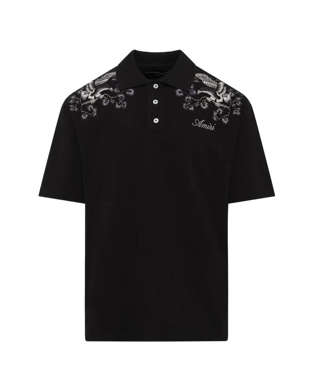 Amiri Black Floral-Embroidered Polo Shirt for men
