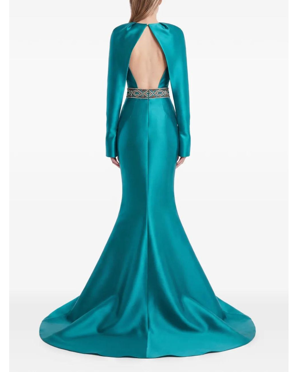 Gatti Nolli by Marwan Blue Beaded-Waist Open-Back Gown