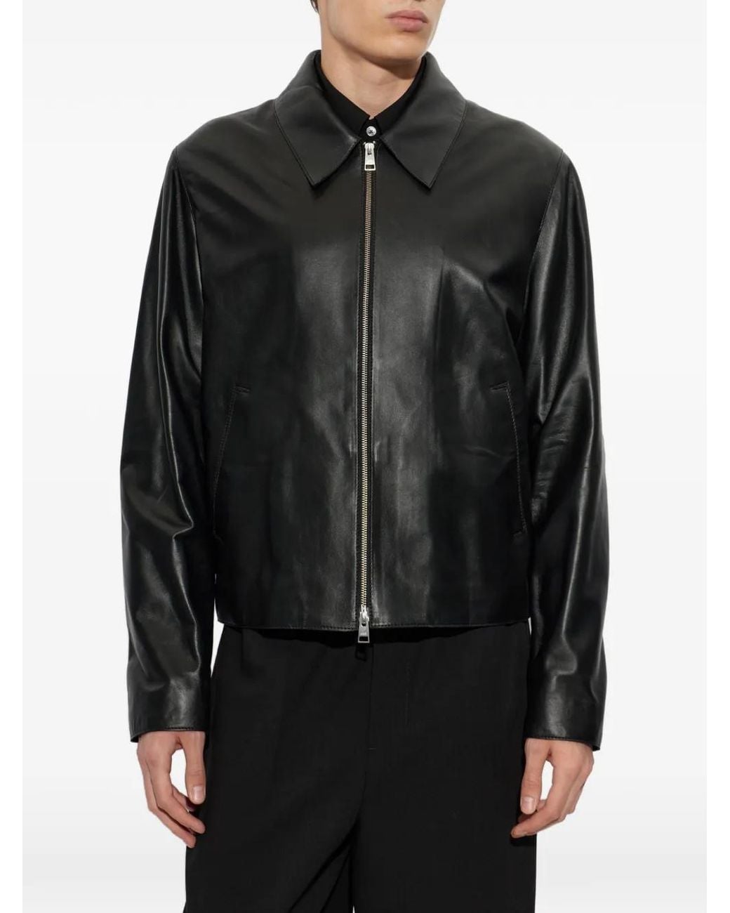 AMI Black Lamb Leather Zipped Jacket for men