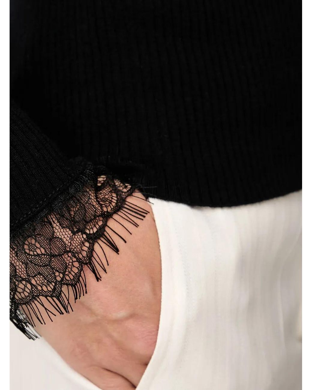 Pinko Black Lace-Trim Ribbed-Knit Wool Cardigan