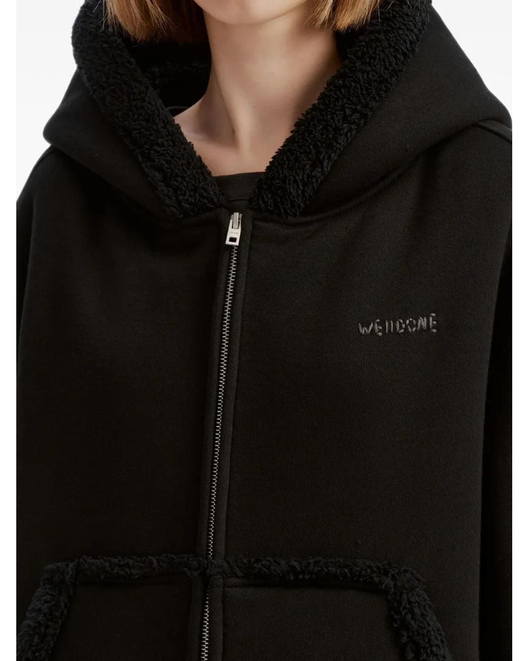 we11done Black Fleece-Trim Zip-Up Hoodie