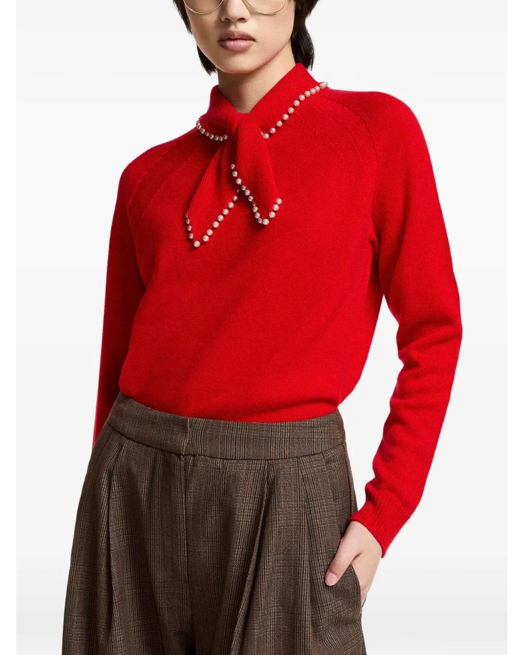 Essentiel Antwerp Red Pearl-Embellished Bow-Collar Sweater