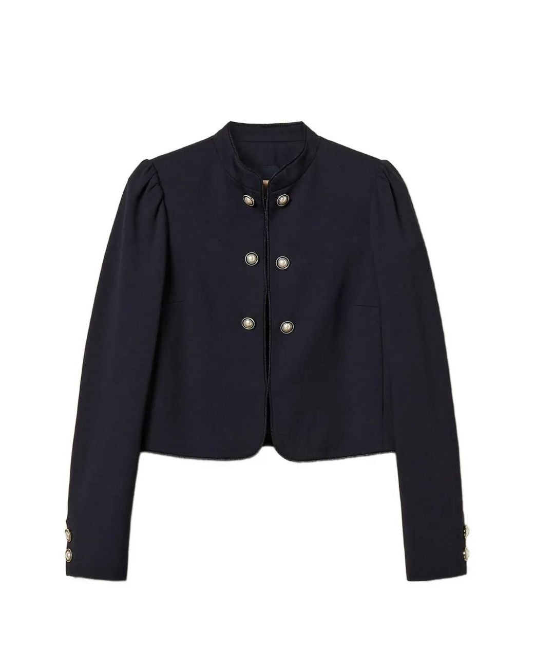 Twinset Blue Mandarin Collar Jacket With Decorative Buttons