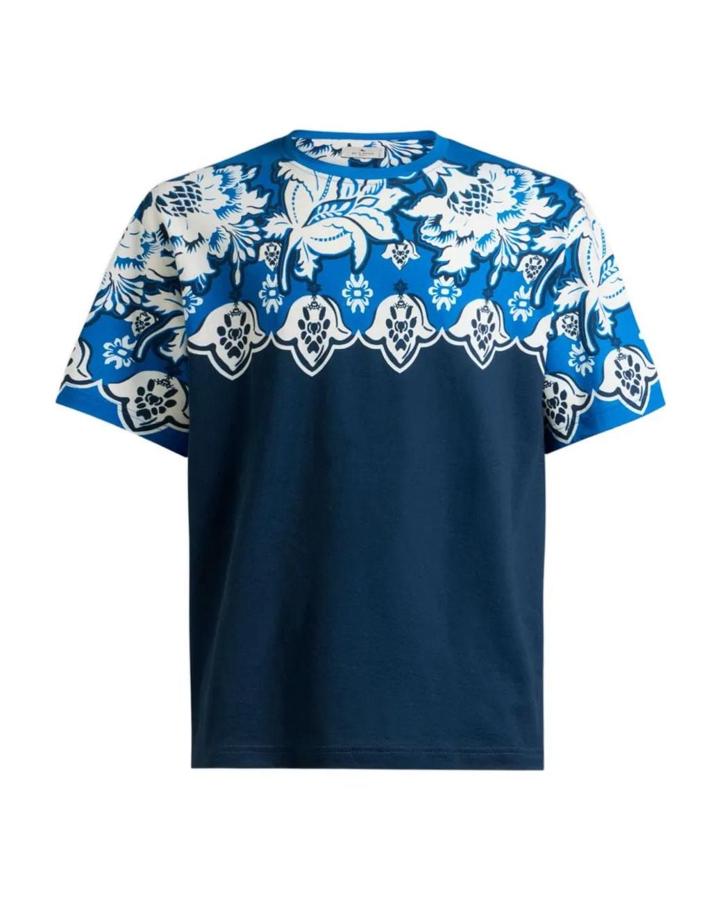 Etro Blue Cotton T-Shirt With Placed Floral Print for men