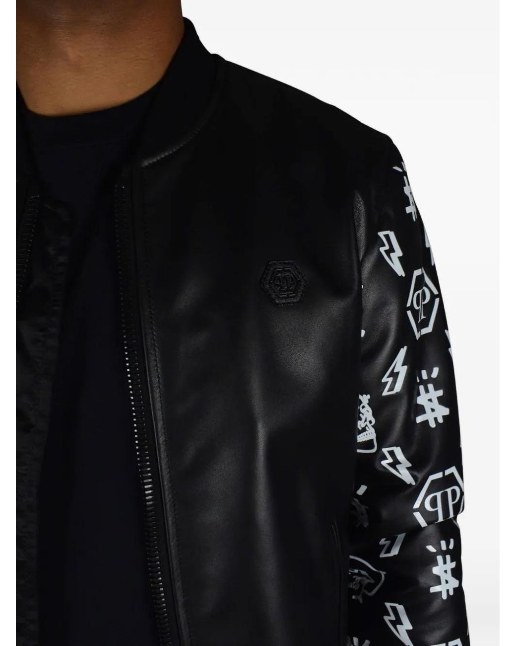 Philipp Plein Black Leather Bomber Jacket for men