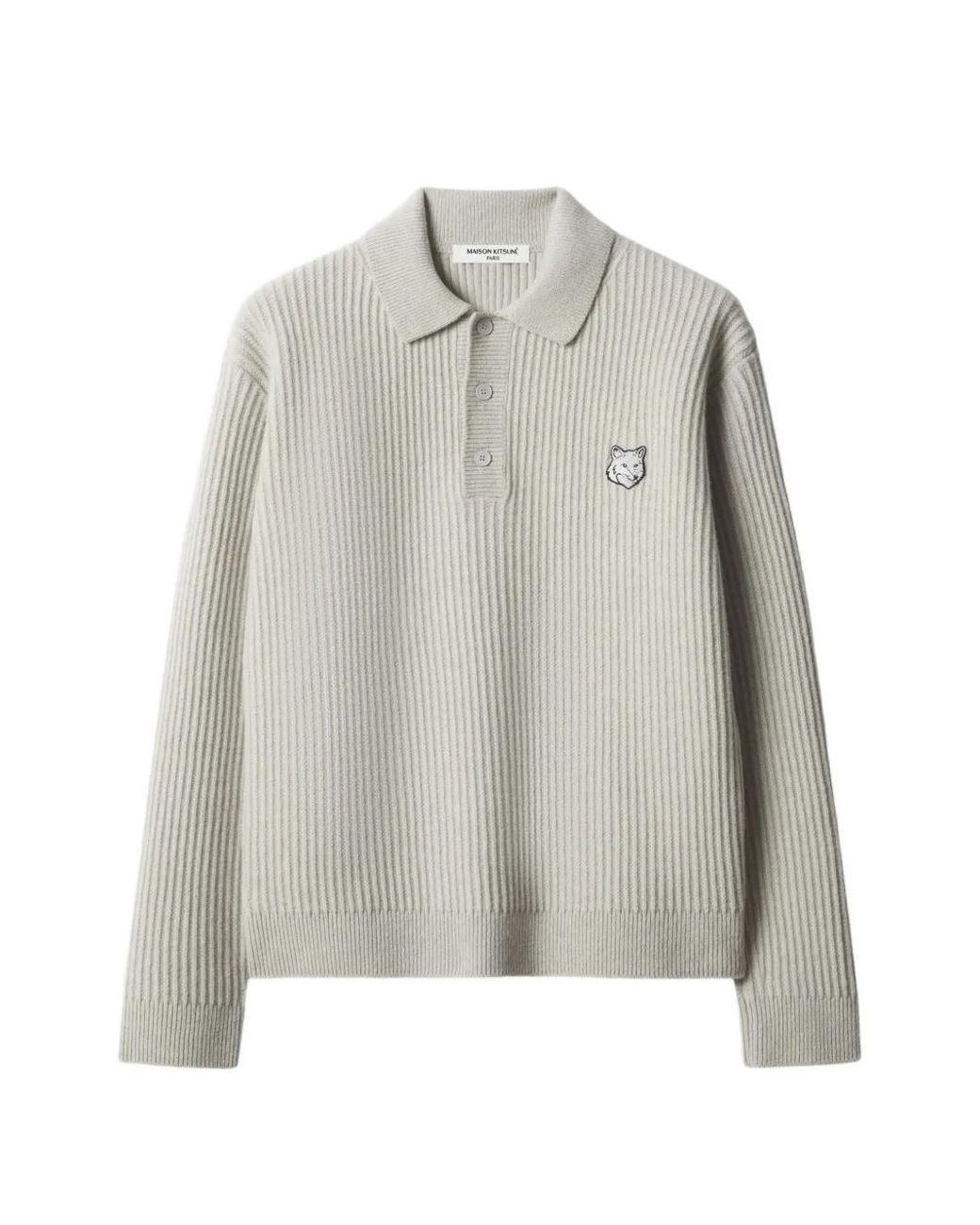 Maison Kitsuné Gray Ribbed-Knit Fox-Patch Polo Shirt for men