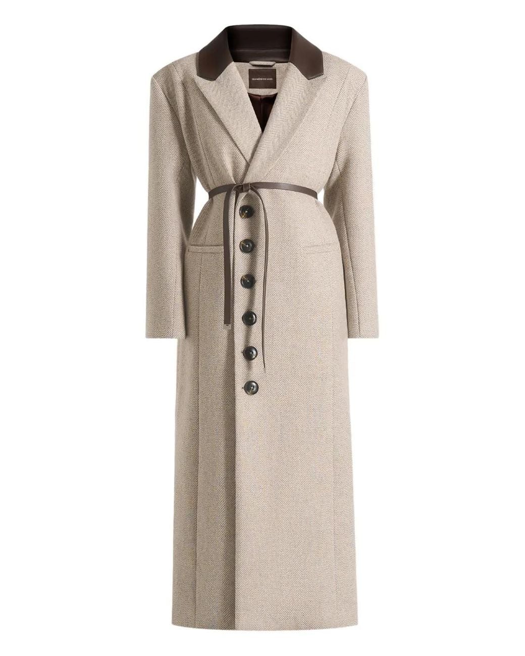 Manière De Voir Natural Anissa Herringbone Wool Oversized Coat With Leather Belt