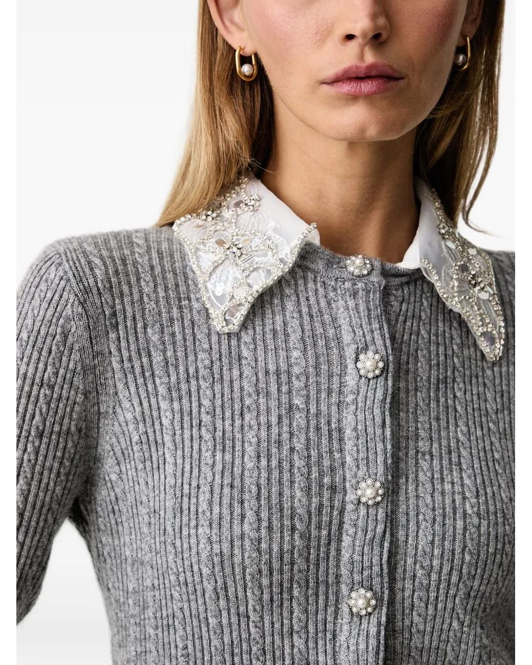 Silvian Heach Gray Cable-Knit Embellished Cardigan