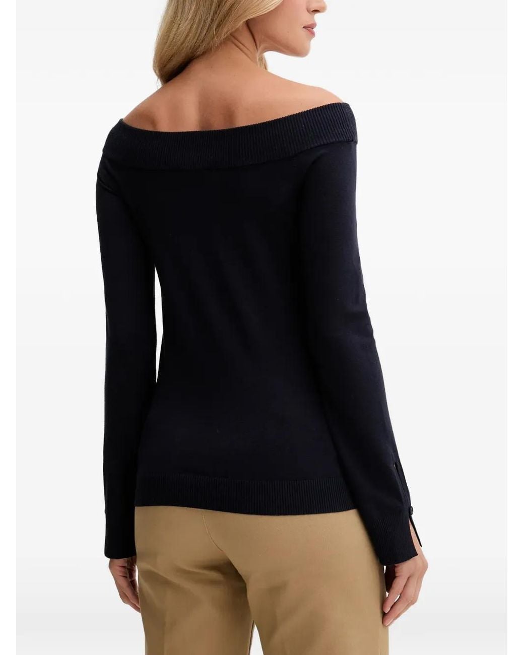 Benetton Blue Off-Shoulder Button-Cuff Sweater