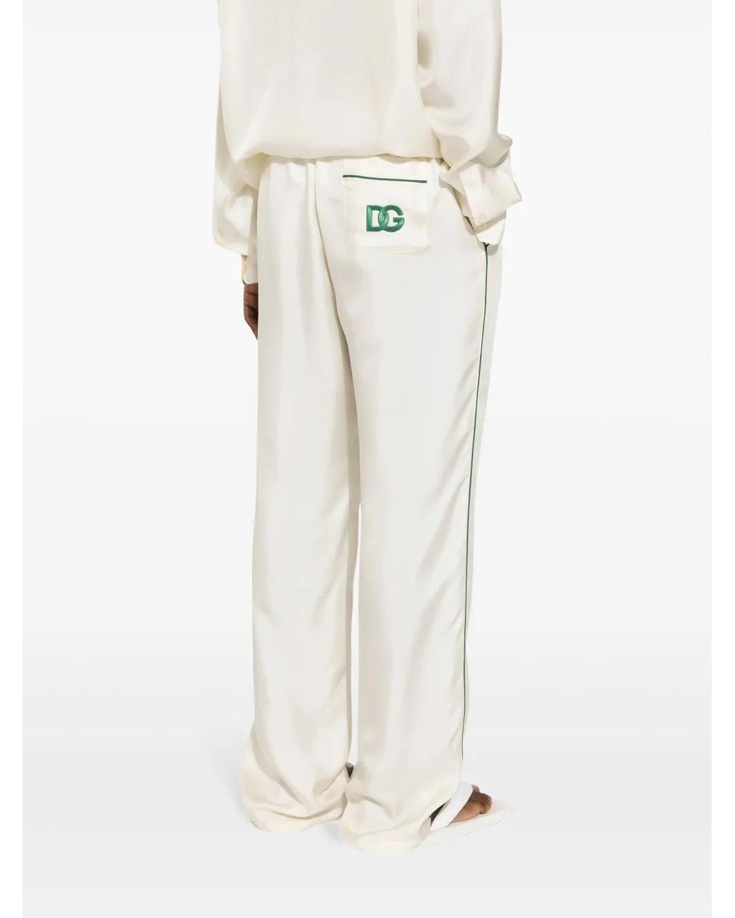Dolce & Gabbana White Logo-Embroidered Silk Trousers for men