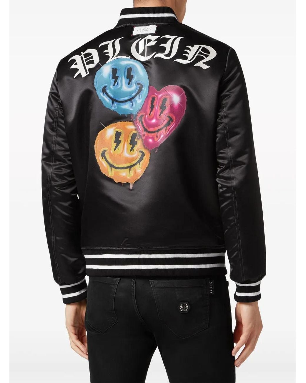 Philipp Plein Black Logo-Print Satin-Finish Reversible Bomber Jacket for men