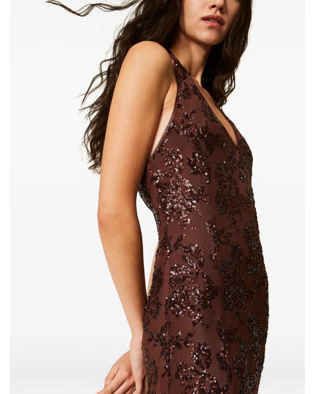 Twinset Brown Robe Brodée De Sequins À Dos Nu
