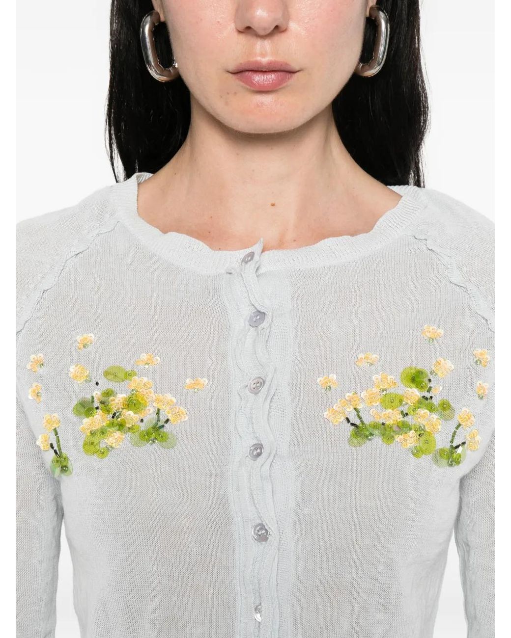 ShuShu/Tong White Beaded Floral Knit Cardigan