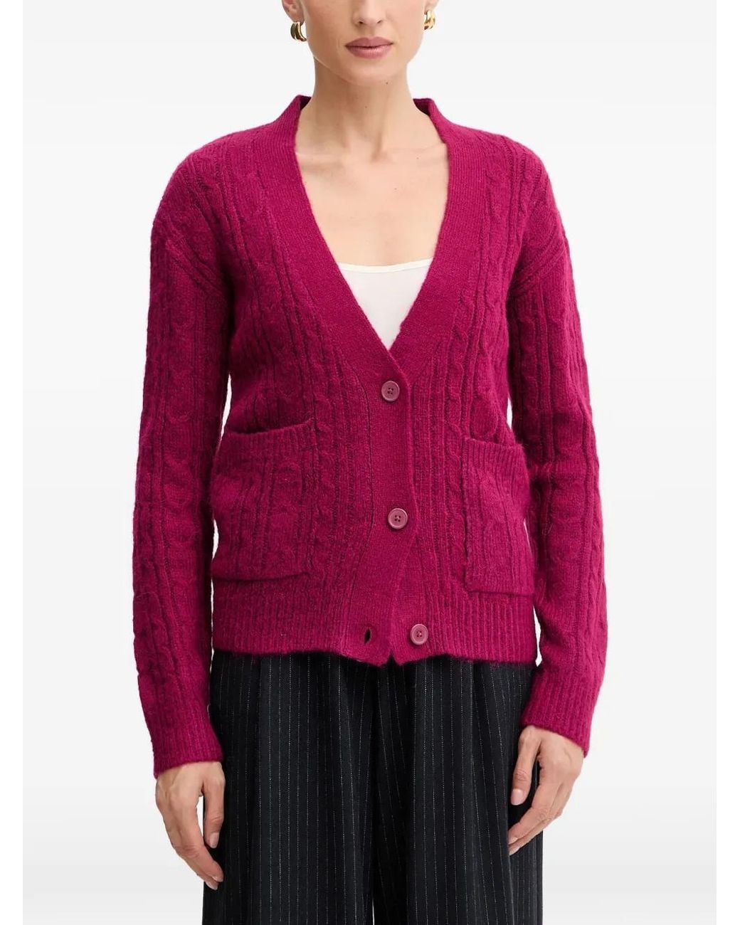 Silvian Heach Red Cable-Knit Button-Up Cardigan