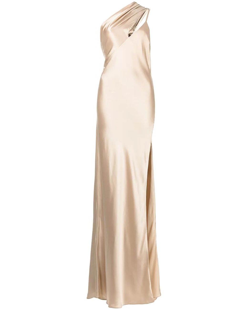 Michelle Mason Natural Side-Slit One-Shoulder Gown