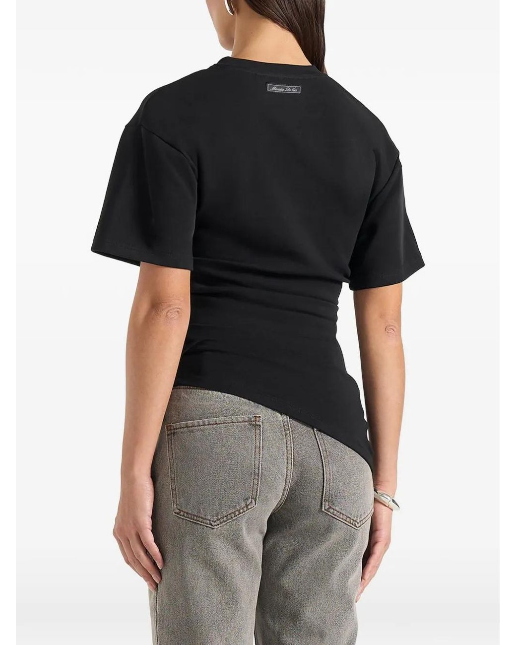 Manière De Voir Black Pauline Ruched Asymmetric Cotton T-Shirt