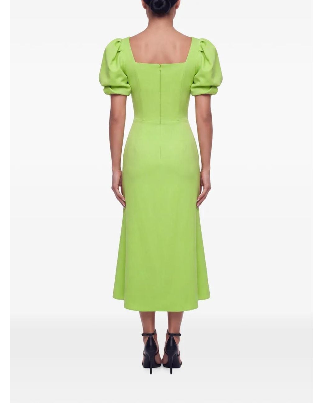 POST MERIDIEM Green Square-Neck Puff-Sleeve Midi Dress