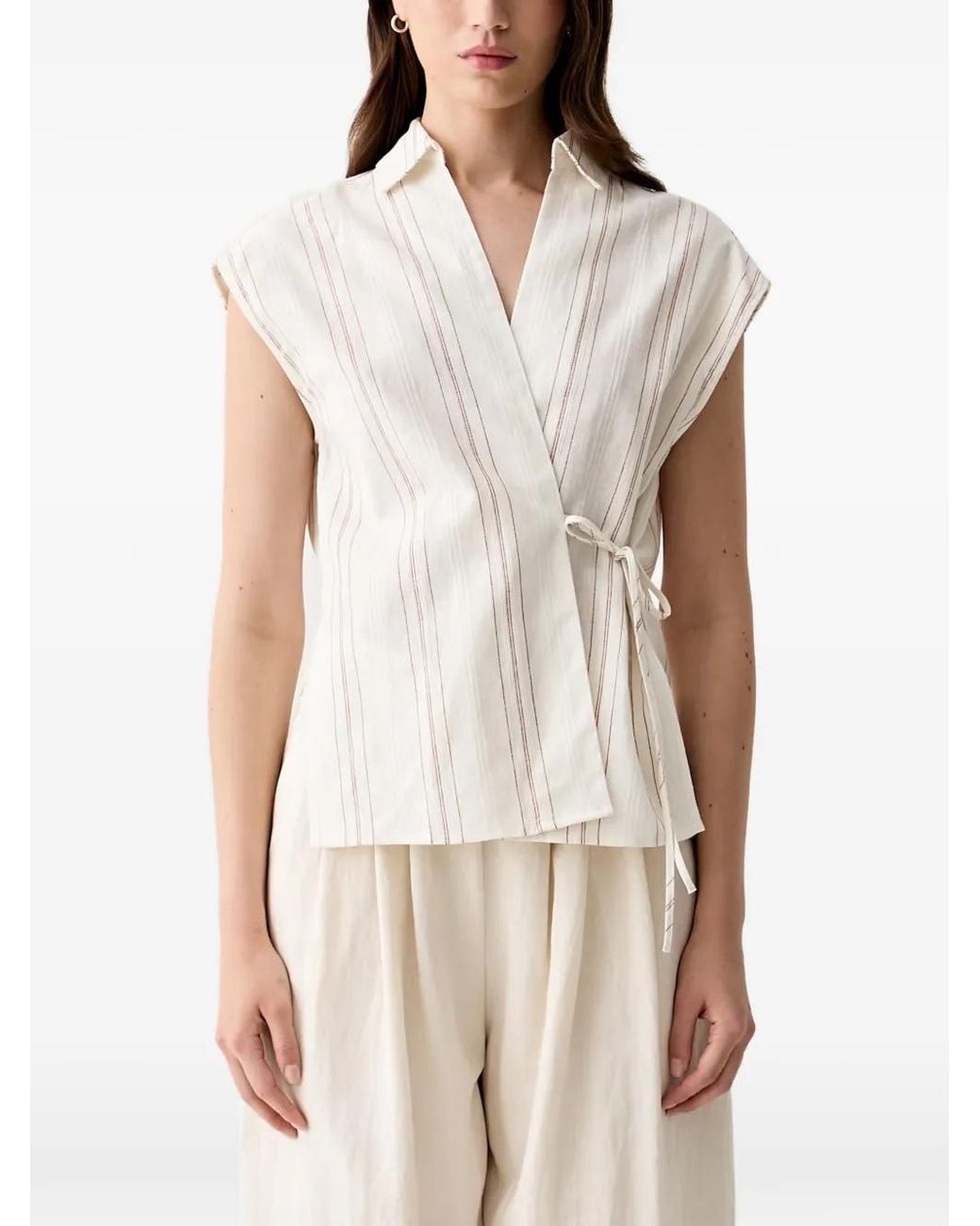 Benetton White Striped Wrap-Style Blouse