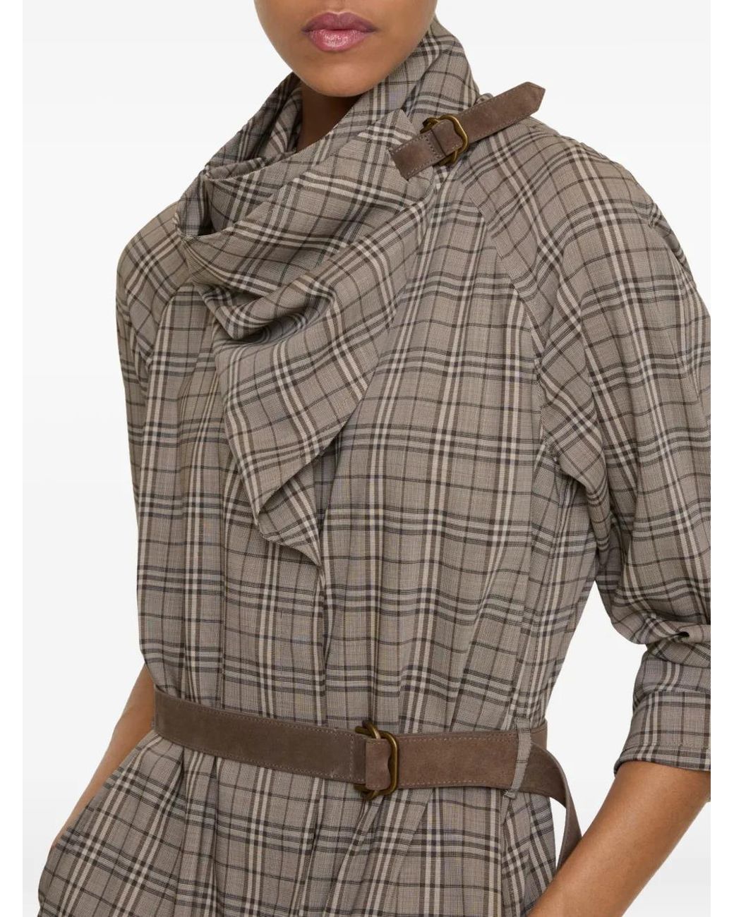 Burberry Gray Scarf-Collar Checked Mini Dress