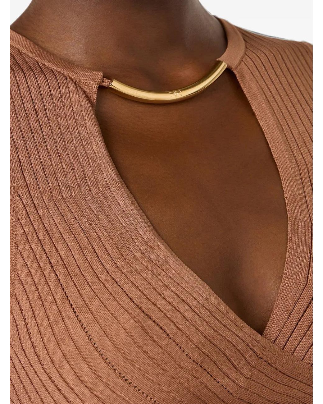 Elisabetta Franchi Brown Ribbed-Knit Wrap-Front Top