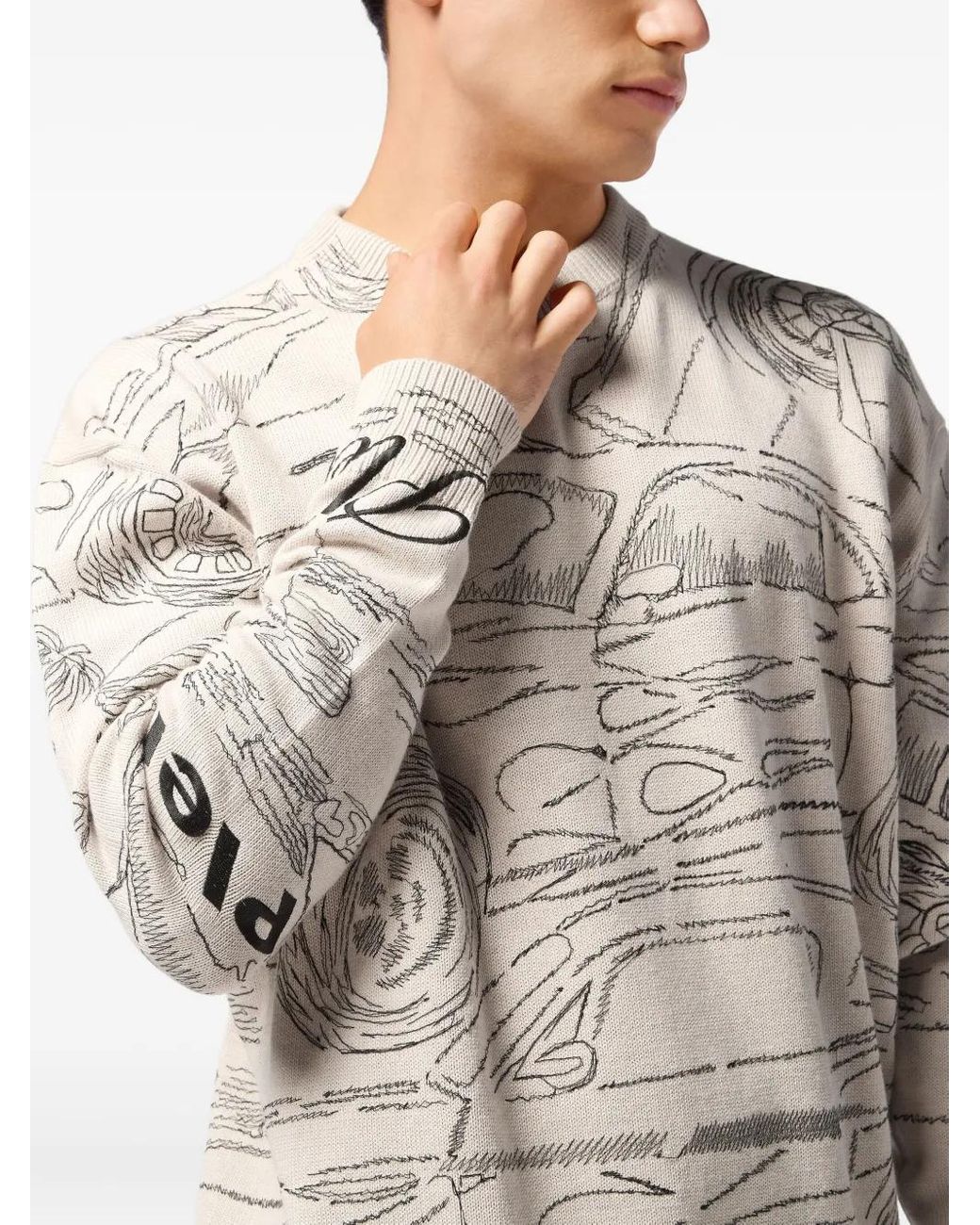 Philipp Plein Natural Knitted Pullover Round Neck Ls Cars Racing for men
