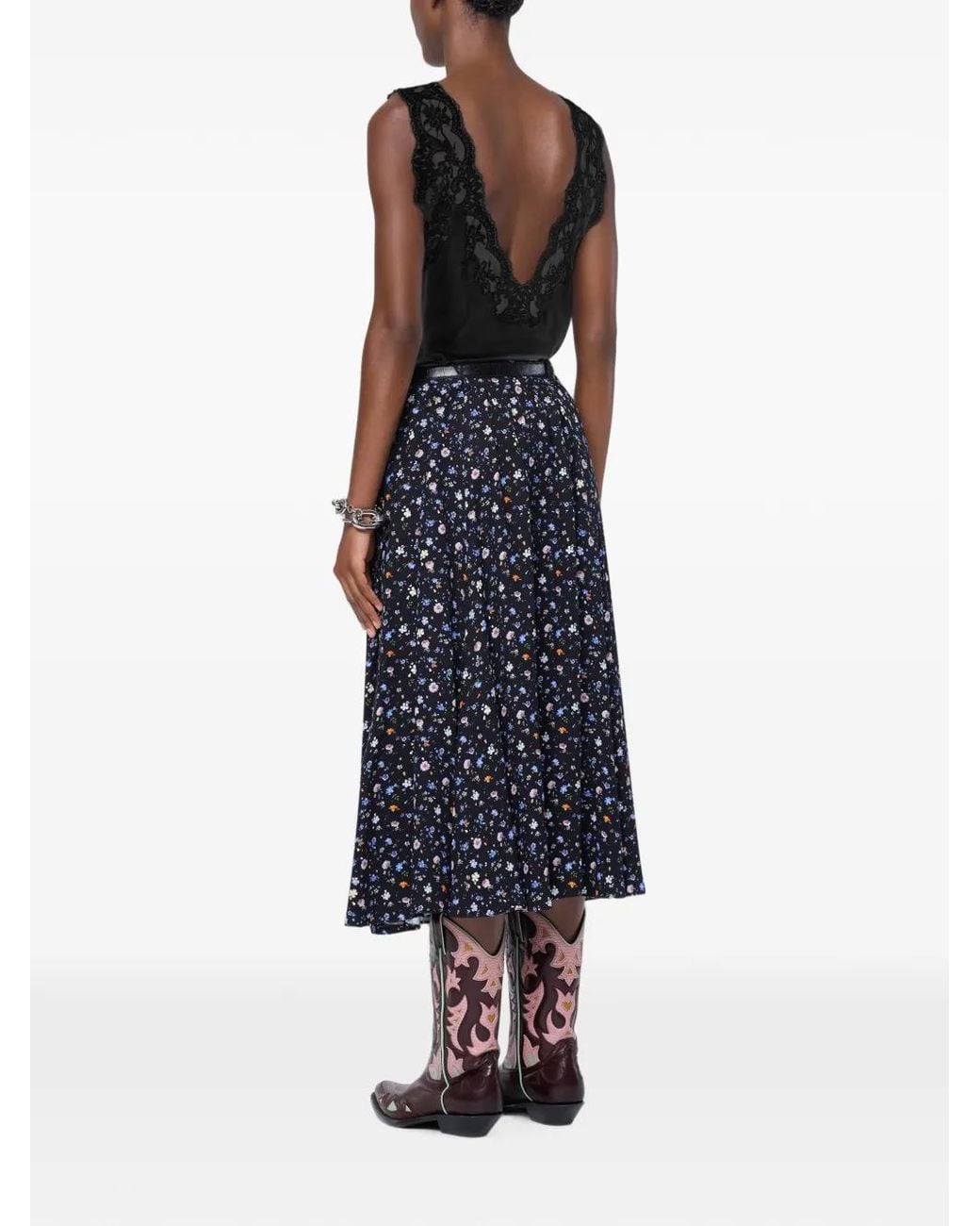 Rabanne Black Printed Crepe Midi Skirt With Signature Front Pockets