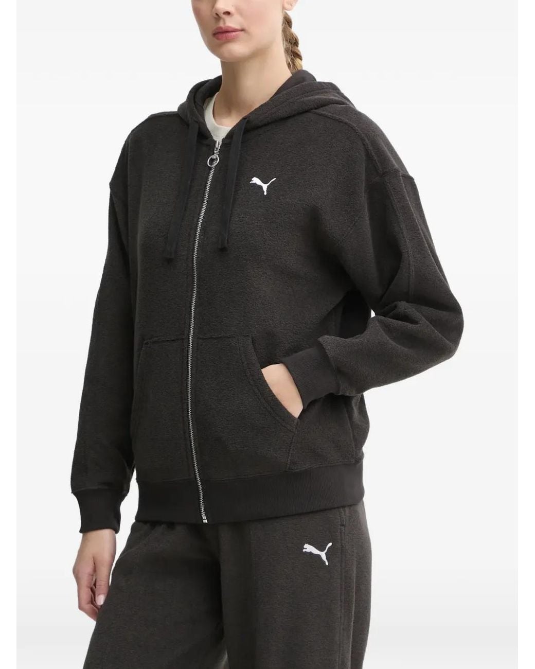 PUMA Black Logo-Embroidered Zip-Up Hoodie