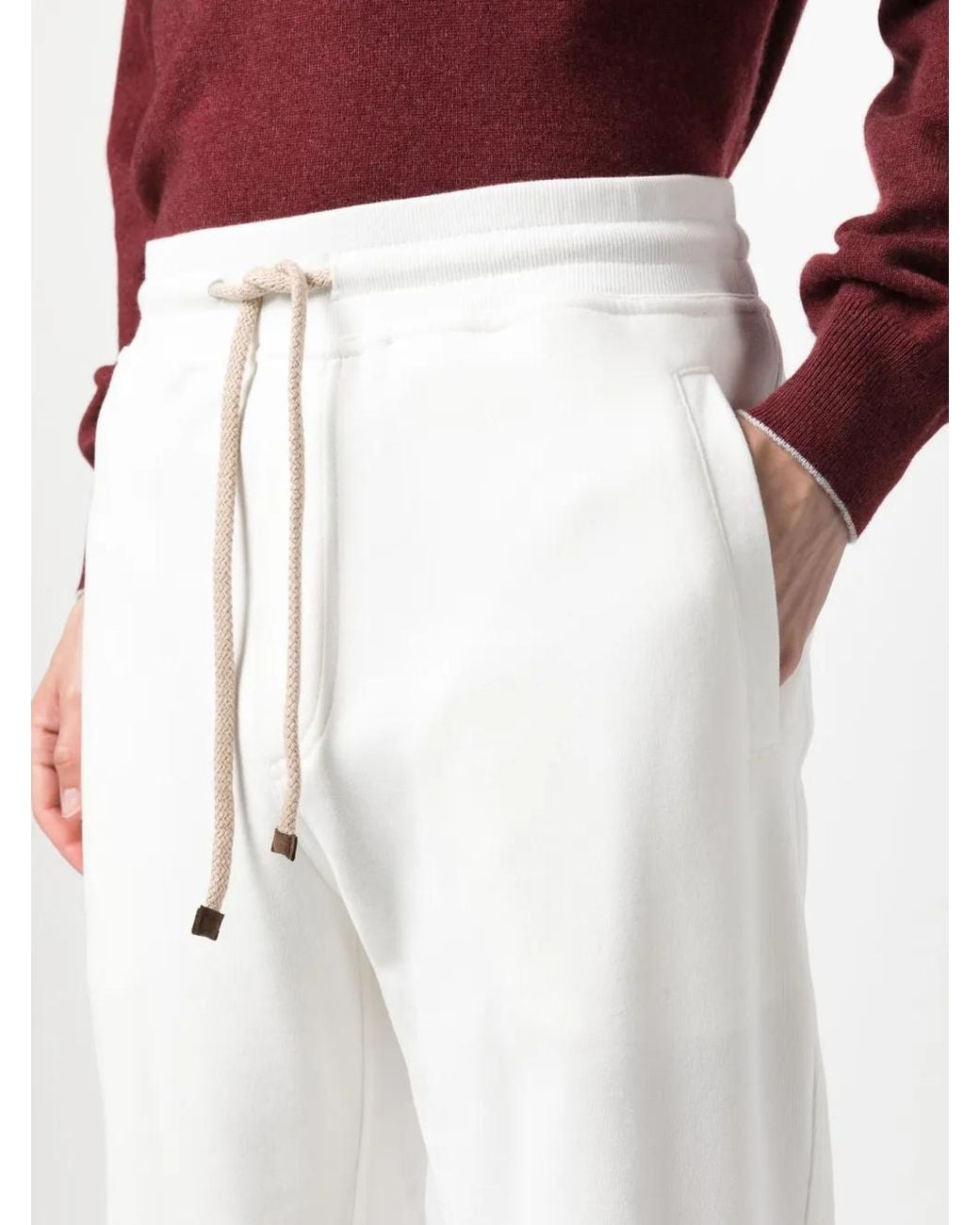 Brunello Cucinelli White Tapered Cotton Drawstring Trousers for men