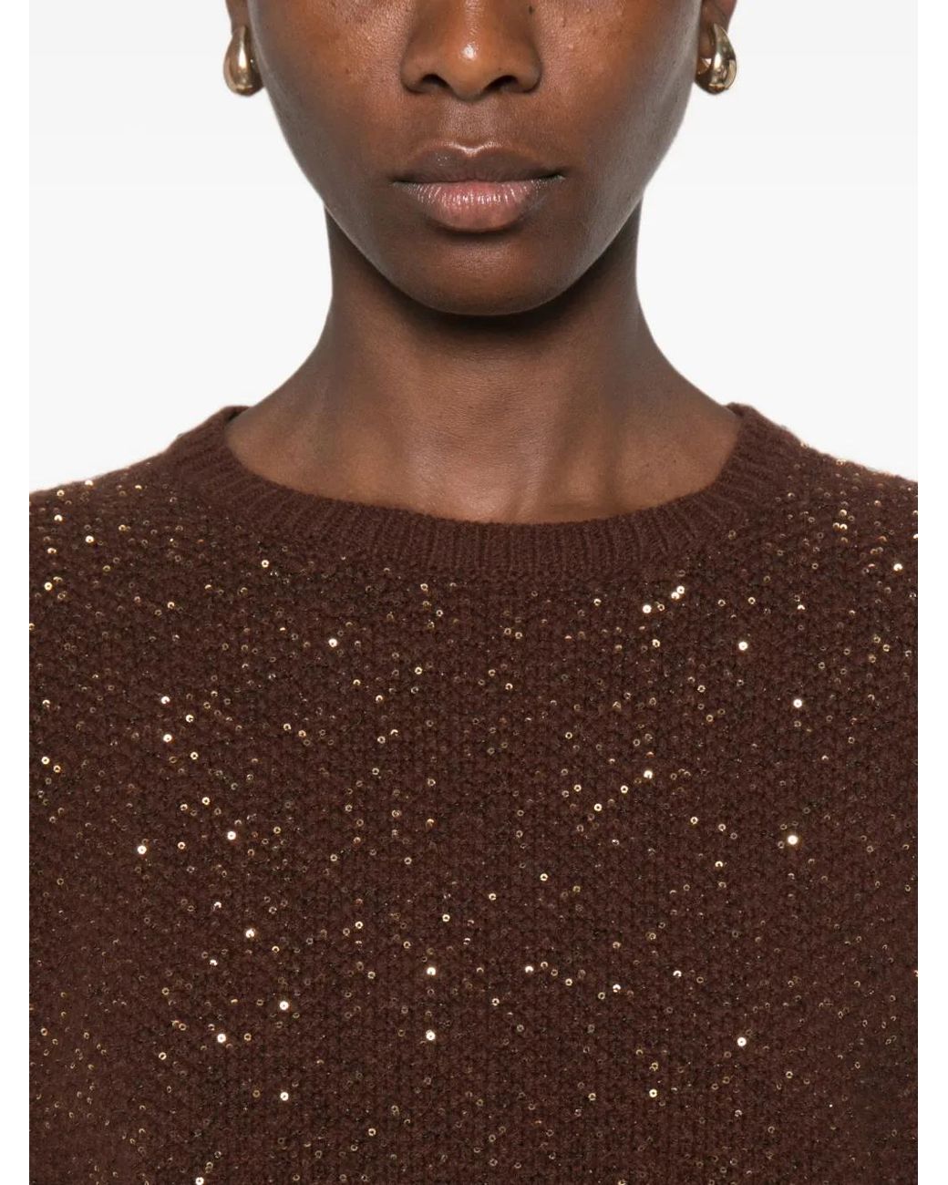 Fabiana Filippi Brown Sequin-Embellished Short-Sleeve Sweater