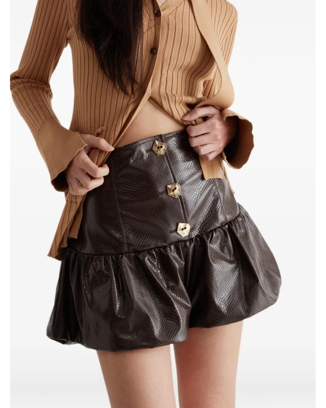 Violante Nessi Brown Snake-Effect Peplum Shorts