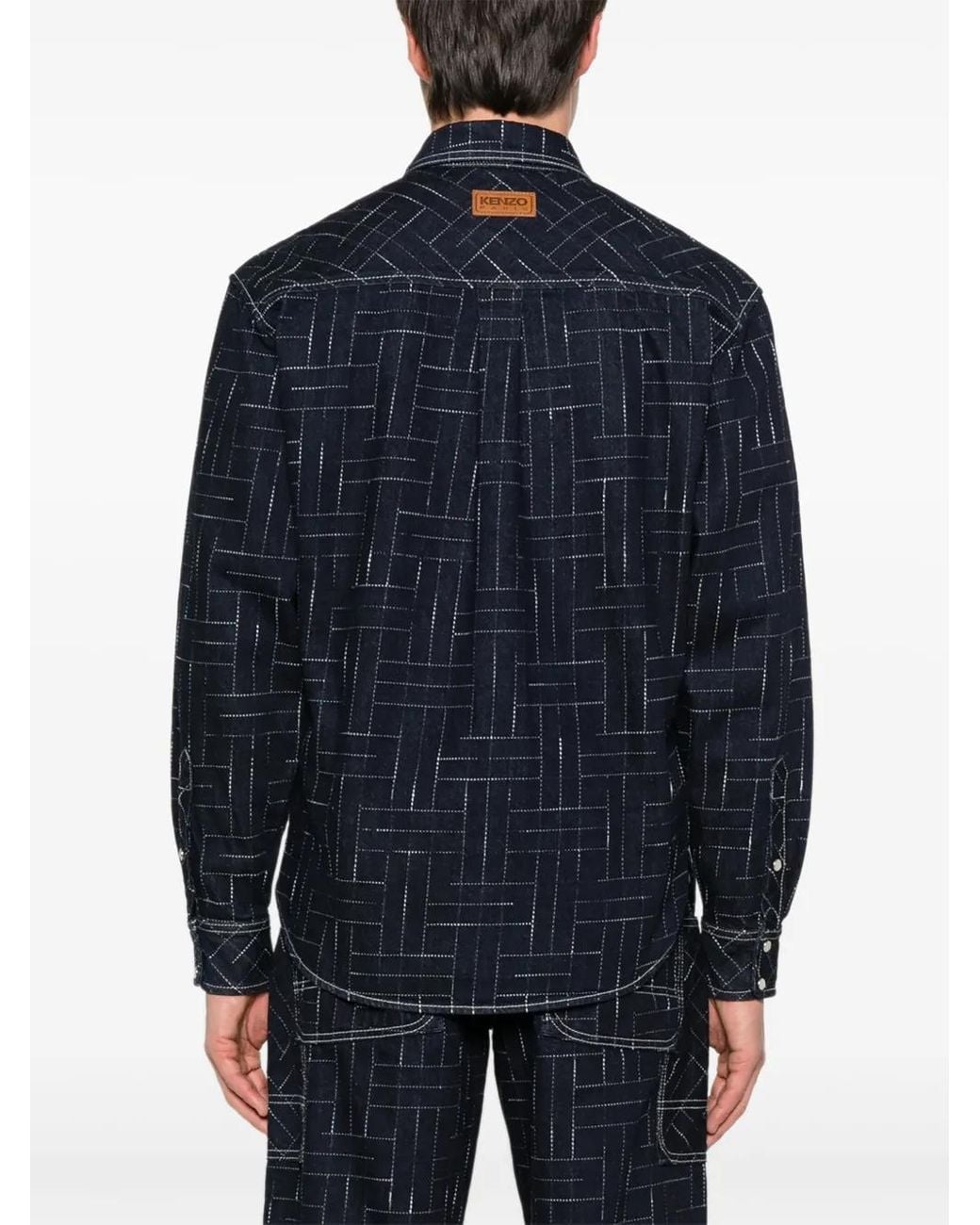 KENZO Blue Geometric-Pattern Cotton Shirt for men