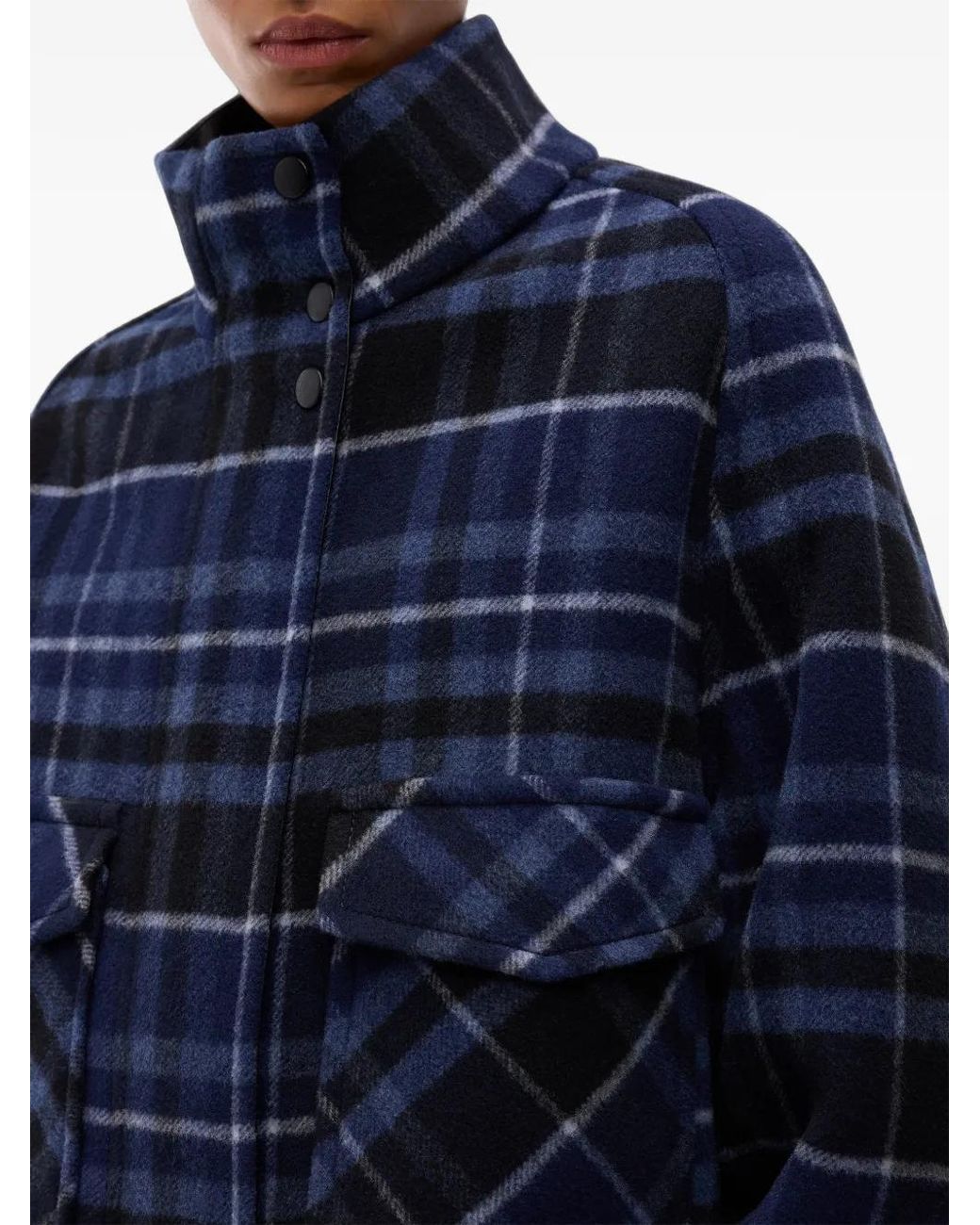 Pinko Blue Double-Layered Cloth Pea Coat With Check Pattern
