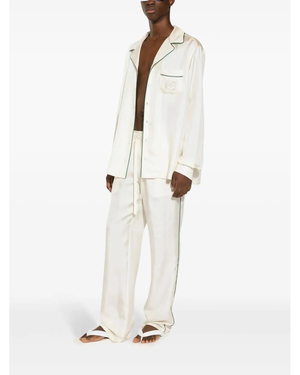 Dolce & Gabbana White Logo-Embroidered Silk Trousers for men