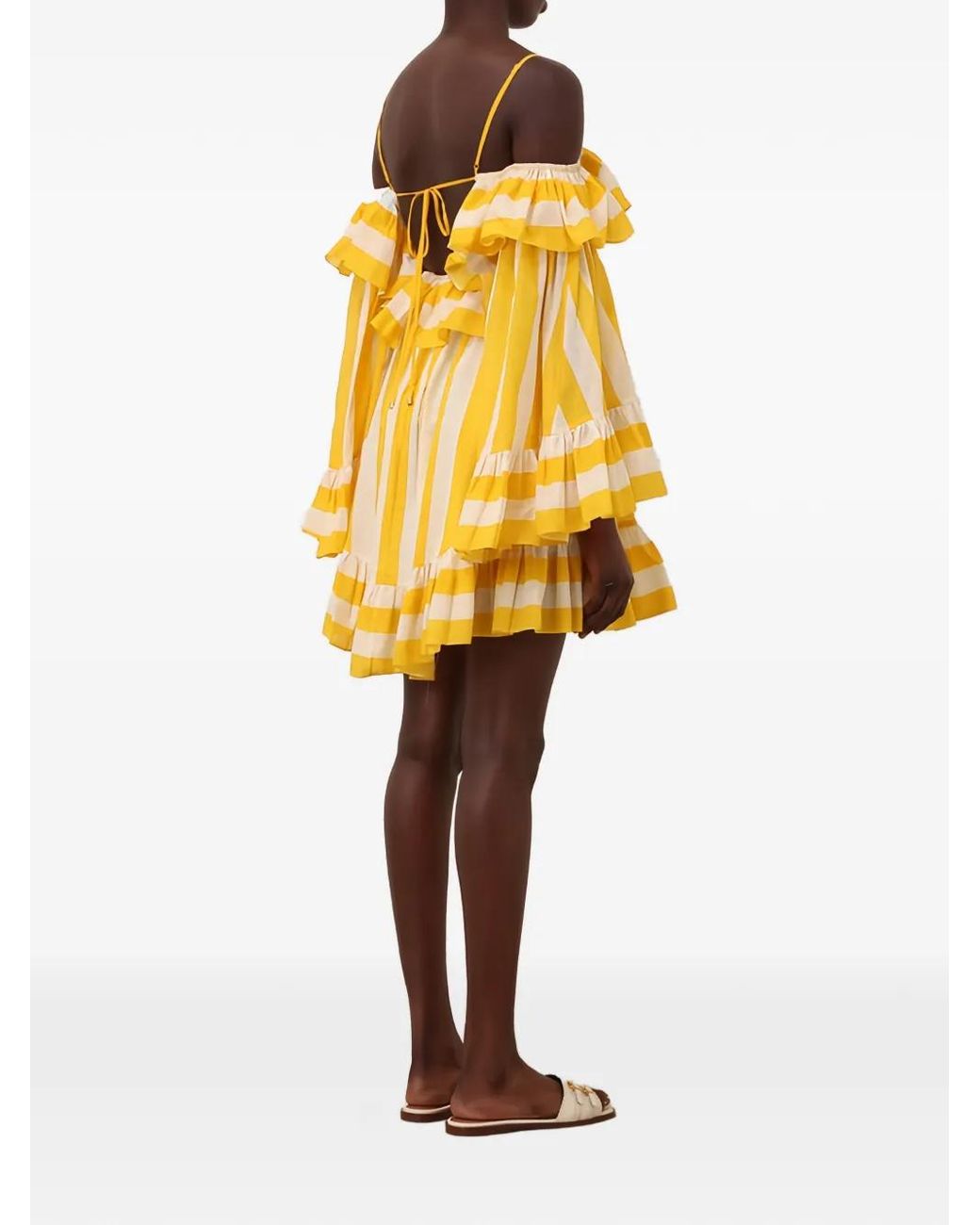 Zimmermann Yellow Gathered Straight Neckline Dress With Ruffle
