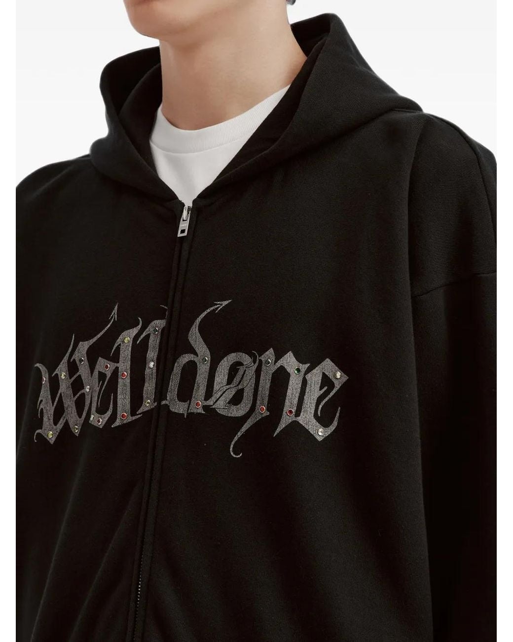 we11done Black Logo-Print Zip-Up Hoodie for men
