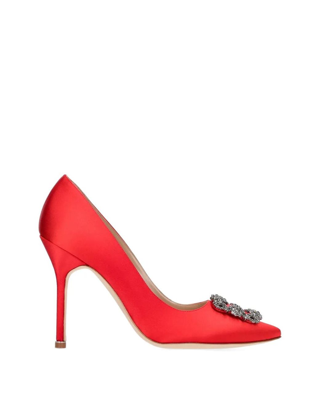 Manolo Blahnik Red Satin Jewel Buckle Pumps