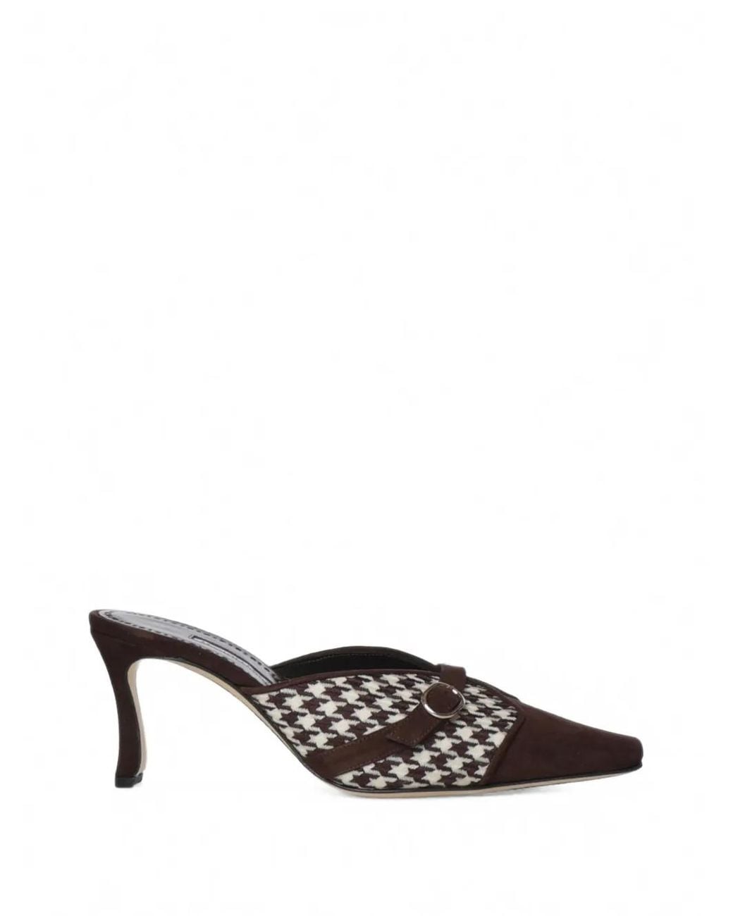 Manolo Blahnik Brown Houndstooth Buckle-Detail Mules
