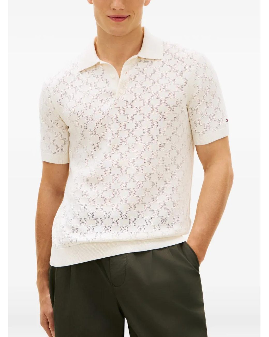 Tommy Hilfiger White Monogram-Pattern Open-Knit Sweater for men